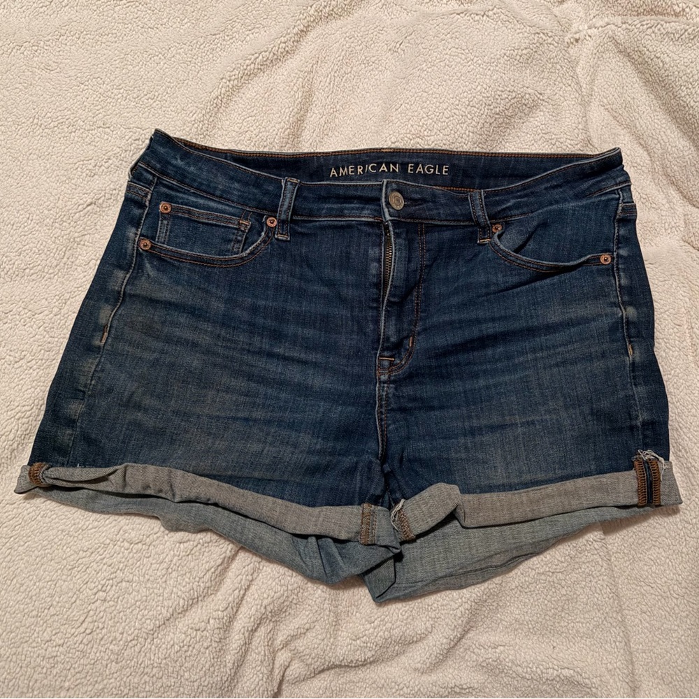 American Eagle Next Level Stretch High Rise Shortie Dark Wash Denim Shorts Sz 14